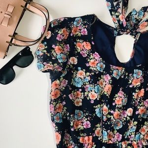 Navy Blue Floral knee Length Dress
